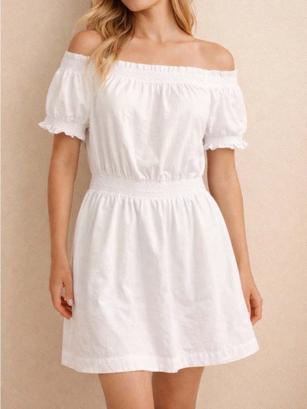 J. Crew White Off Shoulder Dress 100% Cotton Smocked XS Summer Cottagecore
